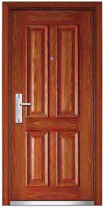 Wedge steel main door with four embossed panels in teak-grain finish
