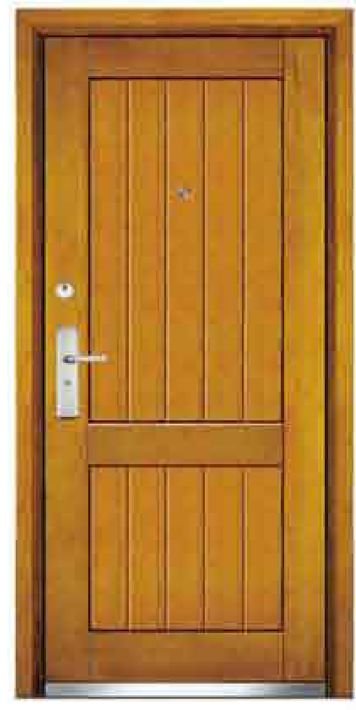 Wedge steel main door in oak-grain finish with vertical grooves and multi-point lock