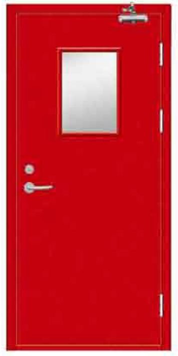 Wedge FD60 steel fire door in red powder coat with vision panel, closer and panic-bar-ready lock