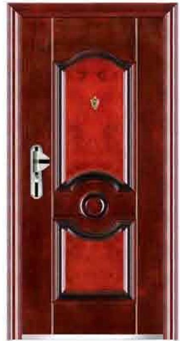 Wedge steel security door with embossed arch panel and multi-point lock, red-brown finish
