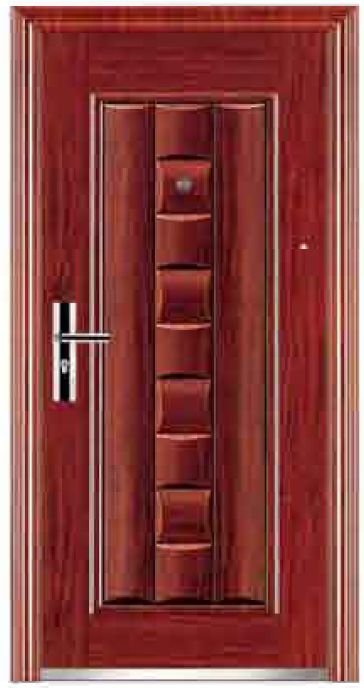 Wedge steel security door with embossed vertical panels and stainless handle